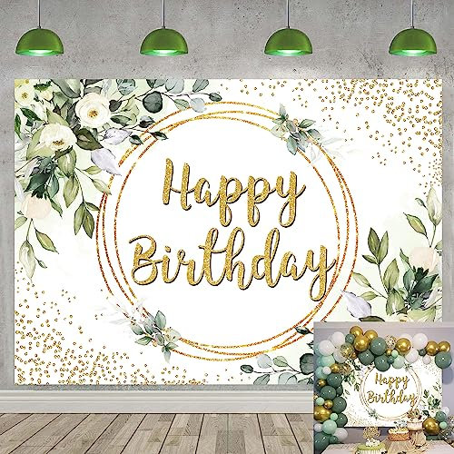 BUTEN Greenery Toile de fond « Happy Birthday » avec feuilles vertes d'eucalyptus vertes et dorées pour photographie, safari, jungle, fille, femme, fête prénatale, fête d'anniversaire (210 x 150 cm)