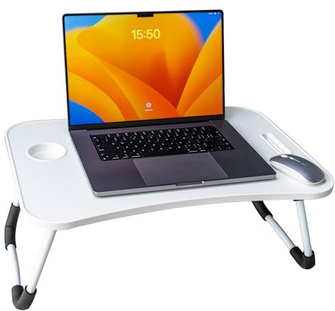 Laptop Schreibtisch, Laptop Betttisch mit klappbaren Beinen & Tassenschlitz, Lesehalter Notebook Ständer Frühstück Betttablett Buchhalter für Sofa, Bett, Terrasse, Balkon (Weiß)