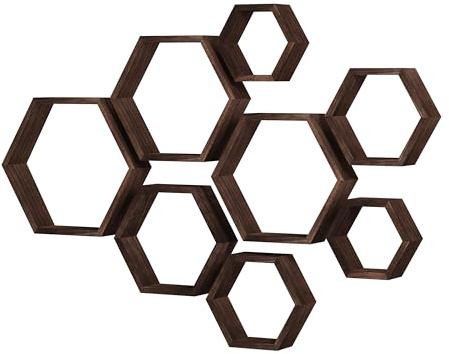 Sechseckige Wandregale Wabenförmige Regale 8er-Set Wandmontierte Holzregale im Landhausstil Wand-Aufbewahrungsregal für Badezimmer, Küche, Schlafzimmer, Wohnzimmer ,Flur, Büro, Dekor- Wanddekoration