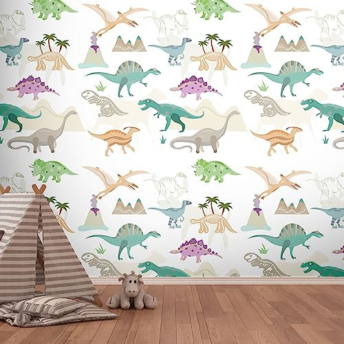 Livingwalls Vliestapete - Dino Tapete in Creme, Lila und Grün - Wandtapete für verschiedene Räume - Wandbild XXL 2,80 m x 1,59 m