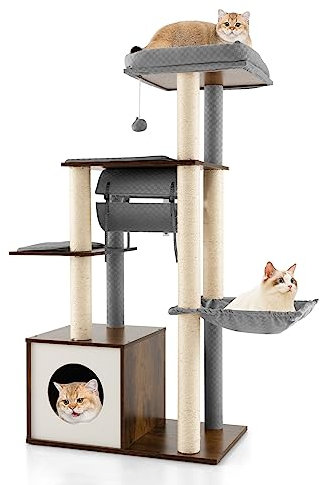 GYMAX Modern Wooden Cat Tower - 127cm Tall with Scratching Posts, Cat Tunnel, Hammock, Condo and Multi-Layer Activity Center for Climbing, Scratching and Sleeping (Grey)