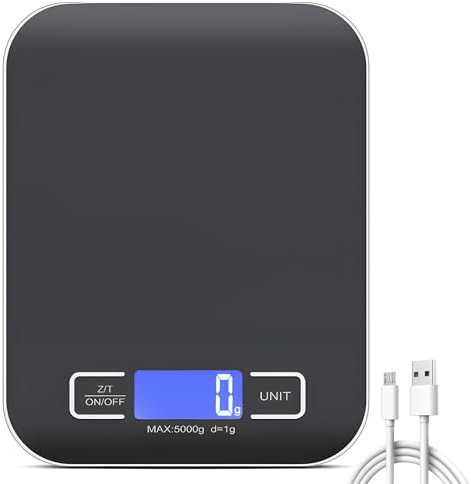 Báscula de cocina digital, 10 kg/1 g, báscula de cocina USB, báscula digital de cocina con pantalla LED y función de tara, báscula multifuncional para hornear y cocinar, color negro