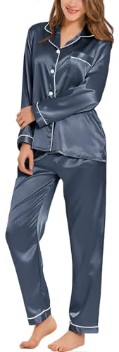SWOMOG Women's Pyjama Set Silk Satin Long Sleeve Button Down Pyjamas Two Piece Comfy Sleepwear and Loungewear Set Deep Grey