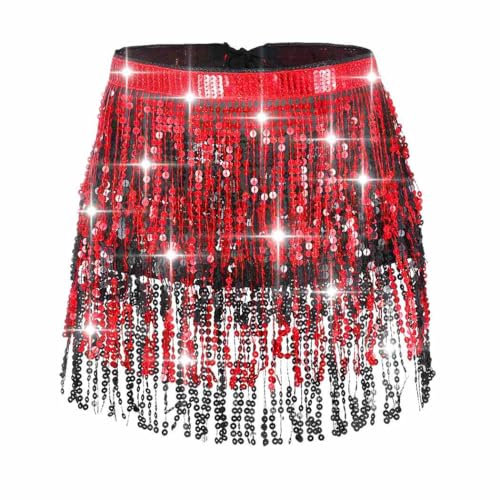Ushiny Pailletten Quastenrock Rave Outfit Festival Kostüm Fransenröcke Ballett Tanz Hüfttuch für Damen und Mädchen(bunt 2)