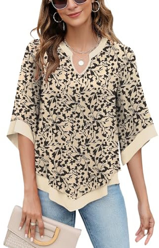 Rapbin Tunika Tops Damen Kurzarm Blumen V-Ausschnitt Blouse Casual Oberteile Doppellagige Female Flowy Tunika Shirts Aprikosendruck XL