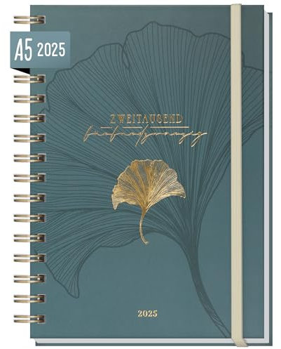 Häfft® Lieblings-Timer Kalender 2025 A5 Blue Ginkgo Hardcover Terminplaner, Spiralkalender, Terminkalender, Wochenplaner, Ringbuch Planner - nachhaltig & klimafreundlich