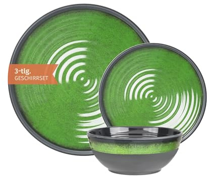 Camping Geschirr Set 1 Person 3-teilig | Melamin | Picknick Geschirrset | Campinggeschirr Stone Green Design