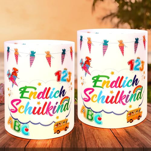 LOHAME 12 STK Windlicht Tischdeko Einschulung Kinder Endlich Schulkind Tischdeko Bunte Schulanfang Deko Mädchen Jungen Schultag Einschulungsdeko mit ABC Schultüte Geeignet für Teelichter Kerzen