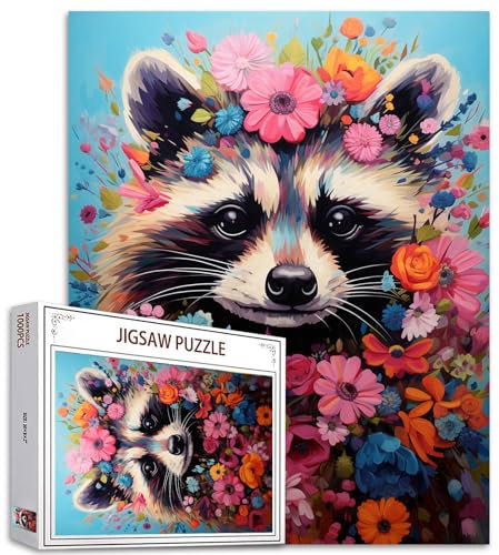 Cute Raccoon in Flower Jigsaw Puzzles for Adults 1000 Pieces Animals Artwork Jigsaw Puzzle 27 x 20 Inches Colorful DIY Puzzles for Home Decoration Family Puzzle Perfect for Game Nights