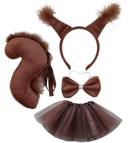 iSpchen Eichhörnchen Ohren Stirnband Schwanz Set Haarreifen Fliege Garnrock Plüsch Tier Kostümzubehör Set Faschingskostüm für Karneval Party Kostüm Partyzubehör,#01