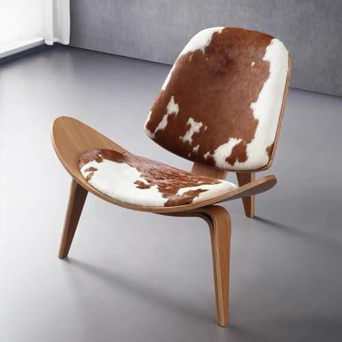 Mid-Century Moderner Muschel-Loungestuhl, hochwertiges Rindsleder, skandinavische Möbel, dreibeiniges Sperrholz, klassisches Design, Massivholz, dekorativer Stuhl, geeignet für Wohnzimmer, Lesen,
