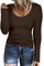 Aottori Camiseta Manga Larga Marrón Mujer Básica Tops Cuello en V Punto Jersey Camisetas Elástico Slim Fit Shirt Elegantes Sólido Casual Túnica Top Marrón S