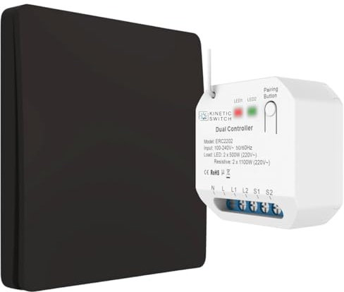 kinetic-switch Funkschalter Set mit batterielosem Funkschalter (IP67) und smartem Kompakt-Empfänger auch über tuya App sowie Amazon Alexa und Google Home steuerbar (schwarz)