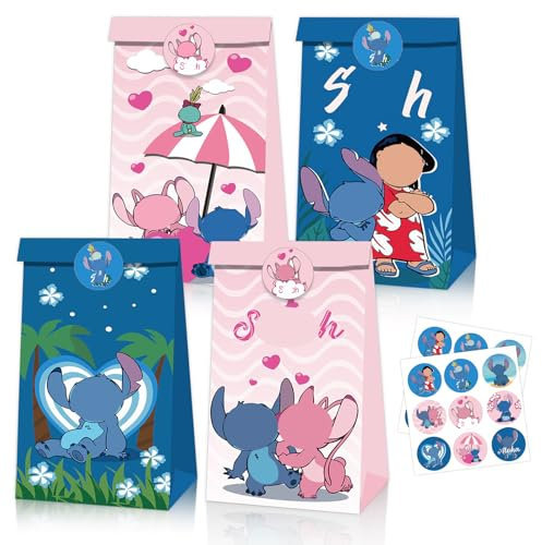 12 Stück Stich Geschenktüte Klein, Stich Mitgebsel Papiertüten Kindergeburtstag, Party süßigkeiten tüten mit 18 Aufkleber, Geschenkpapier Verpackungen für Kindergeburtstag, Weihnachten (B)