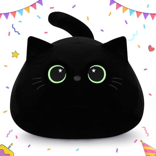 18,9 Zoll Groß Schwarze Katze Plüschtier Katze Kuscheltier, Weiches Stofftier Katze Kawaii Kopfkissen Gefüllte Katze Puppe Tier Kissen Süße Dekoratives Kissen Halloween Weihnachten Geschenk (Grün)