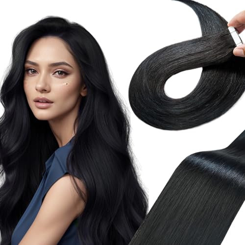 Qingliang Tape in Extensions Echthaar Schwarz Haarverlängerung Echthaar Tapes Klebeband Skin Weft Extensions Tape in Echthaar Remy Naturschwarz #1 Glatt Dicke Haare 20 Stück 50 Gramm 50cm Tief schwarz