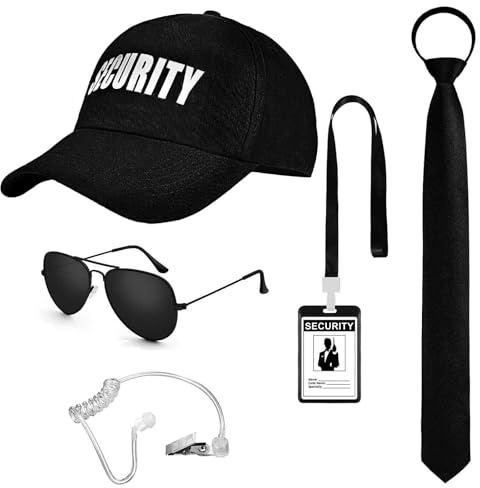 BTHRORO Agenten Kostüm Set, Geheimagenten Security mit Sonnenbrille Ohrstück ID-Ausweis Sicherheit Hut Einstellbare Krawatten für Männer Jungen Halloween Cosplay Party Rollenspiele Kostümzubehör