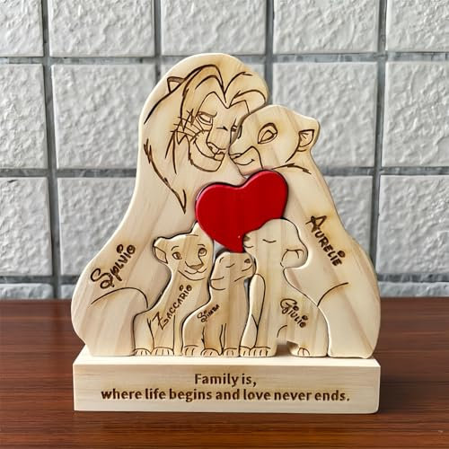 Drawelry Personalisierte Löwe Familienpuzzle mit 2-9 Namen Skulptur Holzpuzzle Ornament Löwen Umarmen Holz Statue Puzzle Heim Büro Desktop Dekoration Vatertag Geburtstag Geschenke für Mama Papa (A1)