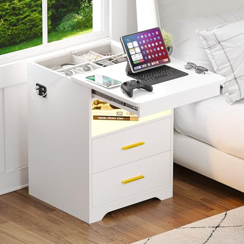Lvifur LED Nachttisch mit Versteckte Schublade,Nachttische mit Schubladen und offene Fächer,Nachtschrank mit Intelligente Ladestation Für Schlafzimmer, Wohnzimmer,Arbeitszimmer