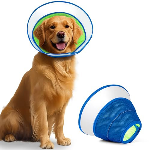 Halskrause Hund Weich, Hundekragen Leckschutz mit PVC, Schutzhalsband Katze, Kegelhalsbänder, Verstellbar Genesungshalsband, Leicht Halskrausen für Hunde, Haustier Elisabethanischer, Grün & Blau, M