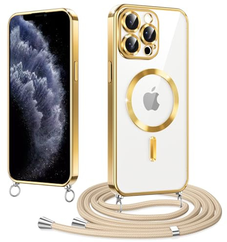 Woijrly Magnetische Handyband mit Band für iPhone 11 Pro Hülle, [Kompatibel mit Magsafe] Handyhülle Case mit justierbarer Schnur Abnehmbar Strap, Crossbody Schutzhülle zum Umhängen Kordel, Gold