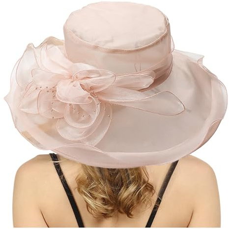 Vhersily Femmes Chapeau de Soleil Protection d'Été Femmes Plage Église Tendue Chapeaux de Mariée Cérémonie Organza Large avec Grande Fleur Élégante