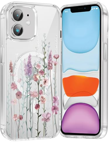 Saqmkil Handyhülle für iPhone 12 Mini Hülle für Magsafe mit Blumen Muster | Aesthetic Bunt Motiv Mädchen Magnetische Case, Transparent Weich Silikon Dünn TPU Stoßfeste Schutzhülle Cover 5,4 01