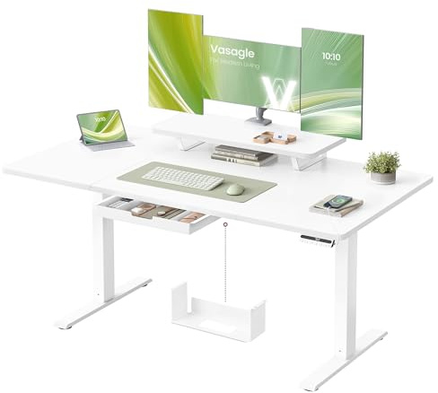 VASAGLE Electric Standing Desk, Height Adjustable, 140 x 70 cm | Flexible Monitor Stand and Drawer, USB-C Port, Sedentary Reminder, for Home Office, Cloud White, LSD154WB02