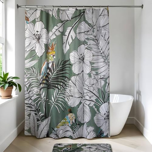 TENDANCE - Rideau de Douche Polyester 180x200 cm - Jungle Fever Kaki - Salle de Bain - Rideaux