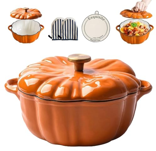 Dutch Oven mit Kürbissen, emaillierter Kürbistopf aus Gusseisen mit Deckel, Kürbis-Auflauf-Suppentopf für alle Herdplatten, Thanksgiving-Halloween-Küchendekoration(OrangeA,20cm/7.9in)