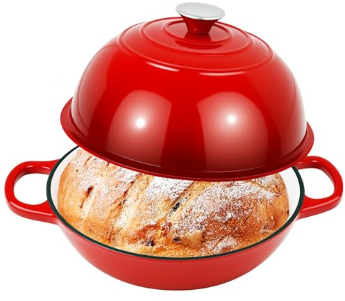 Gusseisen Topf Brot Backen,5,2L/26cm Bräter Emaille Schmortopf mit Deckel und Griffen Brot Backen Zubehör Gusseisentopf Brotbacken Schmortopf Gusseisentopf Brotbacken für Backen Schmoren Braten Rot