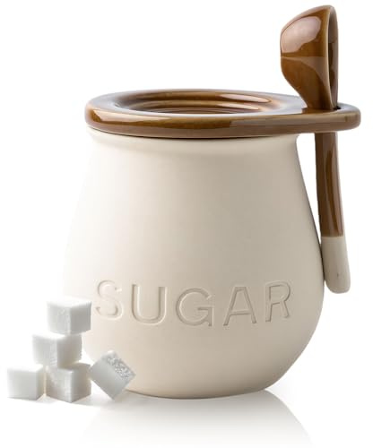 MEETOZ Sugar Bowl Porcelain with Lid and Spoon, Kitchen Canisters Ceramic Food Storage Jar, Ceramic Sugar Canister, for Coffee Bar, Restaurant, Home, Kitchen