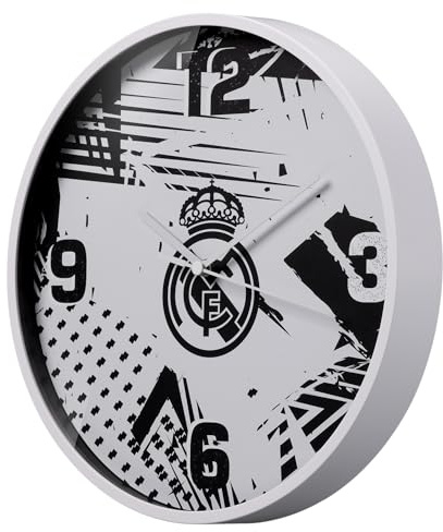 Real Madrid Funky Wanduhr 25 cm mit leisem Quarzuhrwerk und Batterie | Markantes Vereinsdesign, lautloser Sekundenzeiger, AA Batterie enthalten, für Wohnzimmer, Büro oder Homeoffice