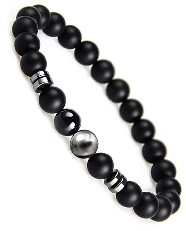 9 - O`Clock Armband Herren XXL Schwarz Perlenarmband mit 925er Silber Kugel Männerarmband Geschenk für Männer mit Geschenkbox Handgemacht (24cm)
