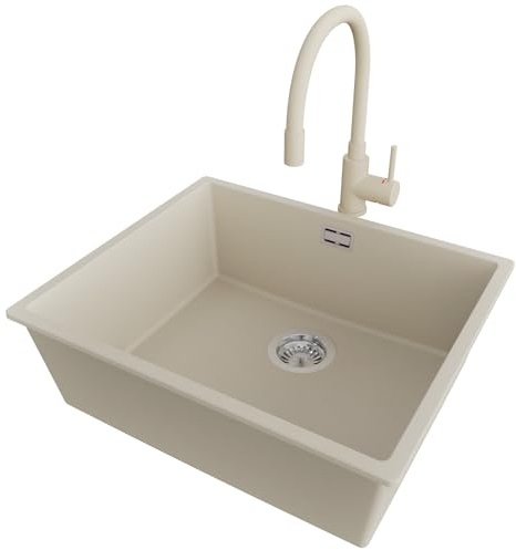 PRIMAGRAN Unterbauspüle Granit Beige 56x47cm, Spülbecken 1 Becken + Küchenarmatur 38x14cm + Ablauf-Set, Granitspüle ab 60er Unterschrank - London