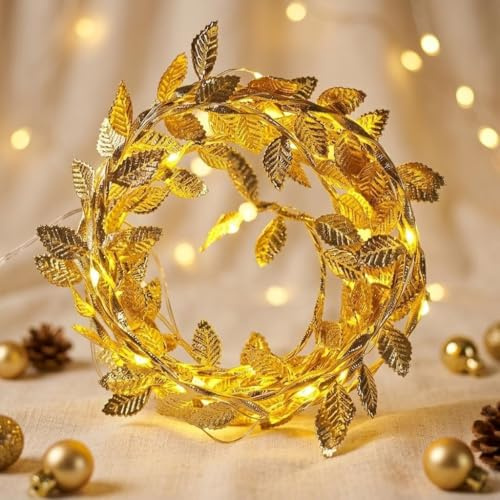 HHMTAKA 5M 50 LED Ranken mit Lichterkette, batteriebetriebene Efeu-Lichterkette, warmweiß, Girlande, Licht für Zuhause, Küche, Garten, Büro, Hochzeit, Wanddekoration (Gold)