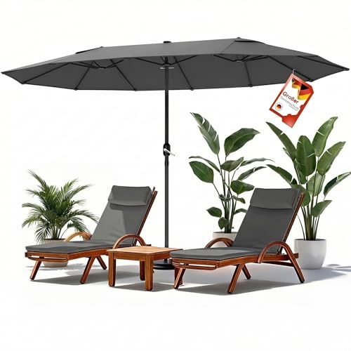 Huracan Doppelsonnenschirm Sonnenschirm Groß XXL, Gartenschirm ohne Ständer mit Handkurbel, UV Schutz Sonnenschutz Stabil Wasserdicht für Marktschirm Ampelschirm Terrassenschirm Balkonschirm, Grau