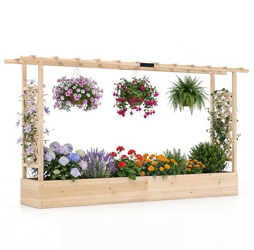 COSTWAY Blumenkasten mit Rankgitter, Pflanzkasten mit Rankhilfe & hängendem Dach, Hochbeet für Kletterpflanzen & hängende Körbe, Sichtschutz Pflanzkübel, für Garten Hof Terrasse (220x35x114 cm,Natur)
