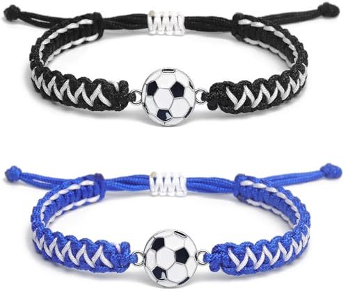 2 Pezzi Braccialetti Calcio per Bambini e Ragazzi, Braccialetto Intrecciato Regolabile 14-28cm, Gadget Calcio Compleanno e Bomboniere Comunione, Regalo Sportivo Bianco Nero e Blu Bianco