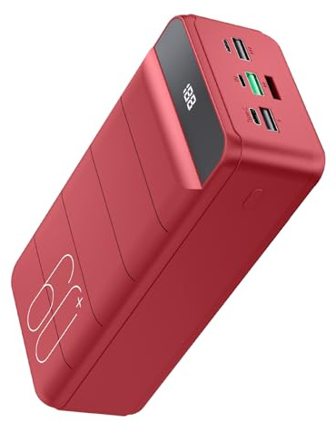 PDBEST 60000mAh Batterie Externe Charge Rapide, 22,5 W Power Bank Chargeur Portable avec Écran LED, 4 Sorties et 3 Entrées Compatibles avec Smartphone, Tablettes, etc Rouge