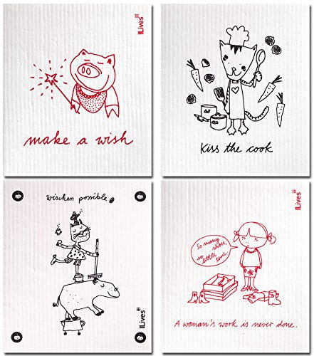 NineLives Juego de 4 paños de cocina con texto en alemán | Make a Wish, Kiss The Cook etc. I Paño de algodón para vajilla, cocina, baño, color beige | esponja, paños de limpieza