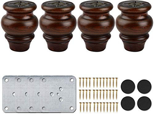 9cm Holz Tischbeine, La Vane 4 Stück Glasur Spindel Massivholz Ersatz Möbelfüße Kugelfüße mit Montageplatten & Schrauben für Sofa Bett Schrank Couch