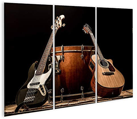 islandburner Bild auf Leinwand Musikinstrumente Bass Drum Barrel Akustische Gitarre Bassgitarre Schwarzer Hinte Bilder Wandbilder Poster