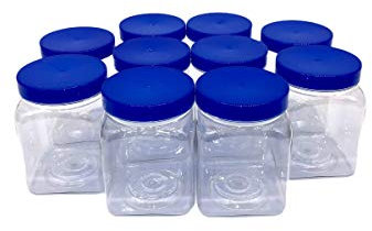 Truenova - Set of 10 x 450ml Square Plastic Storage Jars Kitchen/Garage Organisation & Small Blue Flat Lids