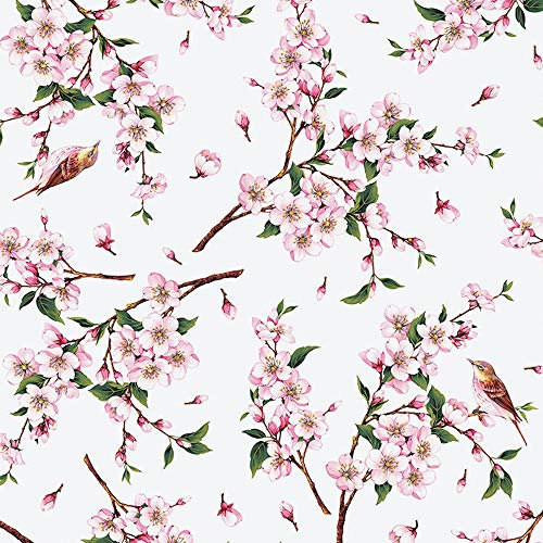 ecosoul Wachstuchtischdecke Kirschbaum Blumen Vögel rosa weiß Zweige bunt Wachstischdecke Schutzdecke Gartentischdecke abwaschbar Meterware Breite:140cm Länge:180cm