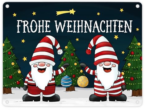 Frohe Weihnachten Metallschild mit Wichtel Motiv Advent Sterne Schnee Kugeln