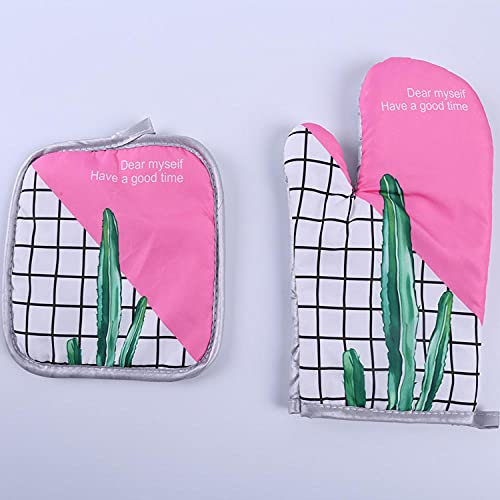 Oven Gloves Pink Green Cactus Oven Gloves UK Home Kitchen Oven Glove Modern Stylish Heat Resistant Gloves- for Microwave Pizza Cooking Baking Accessories Oven Mitts 17x27cm