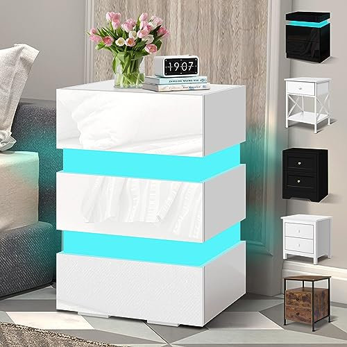 ELFORDSON LED Bedside Table with 3 Drawers, 4-side High Gloss, 16 RGB LED Colours, Tall Bedside Cabinet Nightstand with Plug, Remote Control, Sofa Side Table for Bedroom Living Room, White