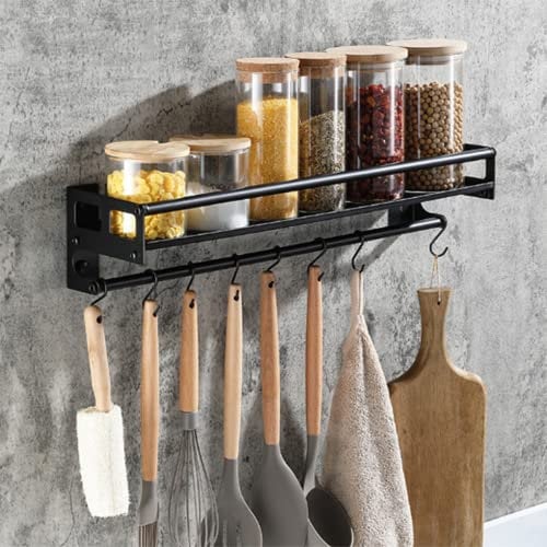 EigPluy Acier inoxydable Porte Ustensiles Cuisine avec 8 Crochets, Adhésif/Perçage 2 Façons D'installer Support Rangement Ustensiles Cuisine,40cm M (1 pièces)
