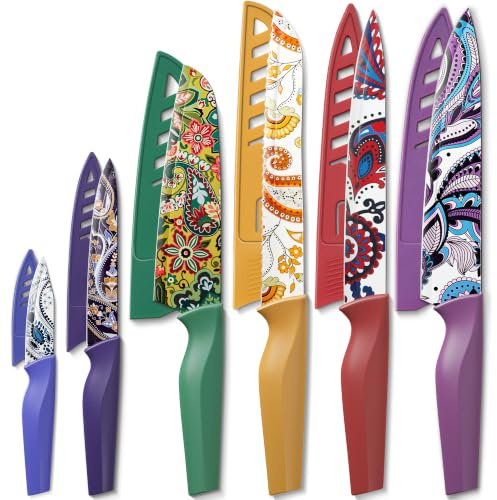 Astercook Paisley Pattern Knife Set with Cover, Dishwasher Safe Colorful Knives with 6 Knife Sheath, German Stainless Steel Rainbow Knife Set